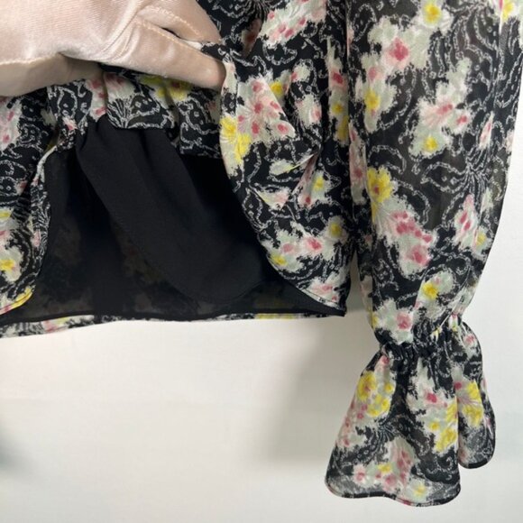 NWT cinq a sept Elastic Cuffs LS Vneck Tie Front Floral Sheer Kimberly Top XS - Picture 13 of 16